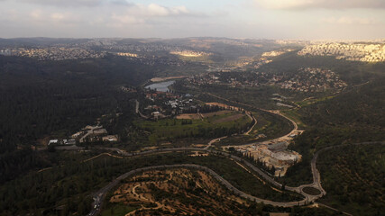 Jerusalem Mountains at sunset with beit Zait Dam
drone view from Jerusalem with sunset
