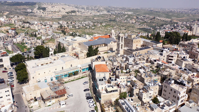 Arial View Over Church Of The Nativity And City Square Of Bethlehem
, Morning Shot From Bethlehem, The Town Where Jesus Was Born. Place Of The Church Of The Nativity
