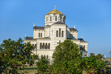 Fototapeta na wymiar Chersonesus Cathedral of Saint Vladimir Cathedral as it looks from street side, Sevastopol, Crimea. It's built nearby suggested place of baptism of Vladimir The Great in 988