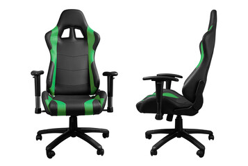 Front and side view of black and green leather chair isolated on white