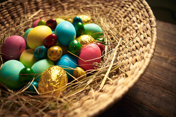 Easter eggs on straw. Colourful painted festive egg heap on hay. Springtime religious holiday