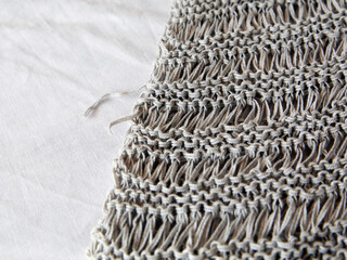 Loose knitting yarn shown in sustainable cloth, homemade and eco friendly fabric, against white retail