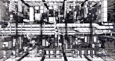 Top view of industrial plant equipment (3D BIM model)