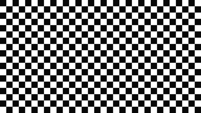 Chess cells background. Black squares with white texture geometric surface repeat monochrome mosaic with classic repeat and optical vector illusion.