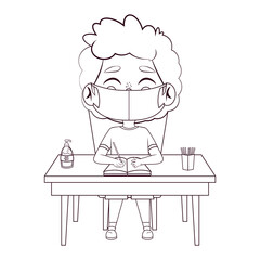 Boy studying wearing a face mask. Back to school - Vector illustration