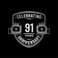 91 years anniversary celebration shield design template. Vector and illustration.