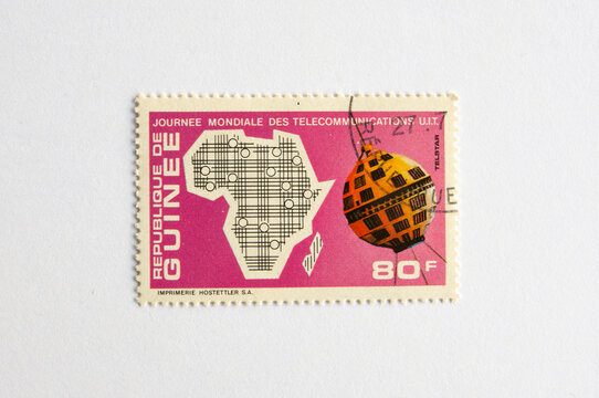 A stamp printed in Republic of Guinea shows a series of images of "Journee mondiale des telecommunications u.i.t", circa 1972. Telstar - Powered by Adobe