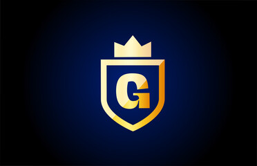 gold G alphabet letter logo icon. Design for business and company identity with shield and king crown