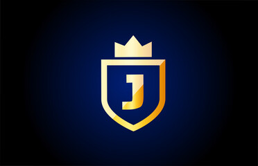 gold J alphabet letter logo icon. Design for business and company identity with shield and king crown