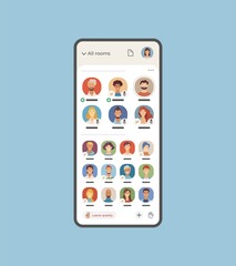 Screen of cell phone with Clubhouse invitation-only audio-chat app flat vector illustration