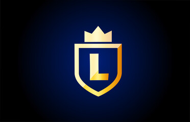 gold L alphabet letter logo icon. Design for business and company identity with shield and king crown
