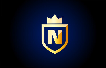 gold N alphabet letter logo icon. Design for business and company identity with shield and king crown