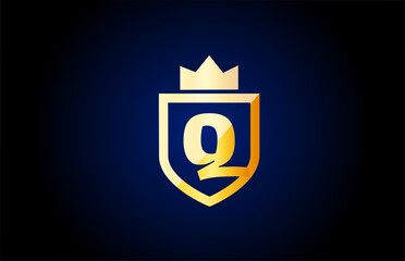 gold Q alphabet letter logo icon. Design for business and company identity with shield and king crown