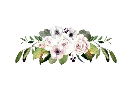 Flower composition with leaves on white background. Watercolor illustration
