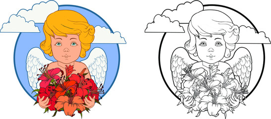 Angelic beings with bouquet of lilies coloring book for children Isolated clipart. Art design concept for religious holidays - Easter, Christmas, character for congratulation with  birthday, wedding