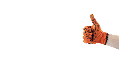 Work gloves. A gloved hand of workers points a finger. On a white background.