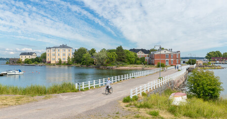Finland. Helsinki .Panorama on the island of Suomenlinna with a bridge and buildings and water on...