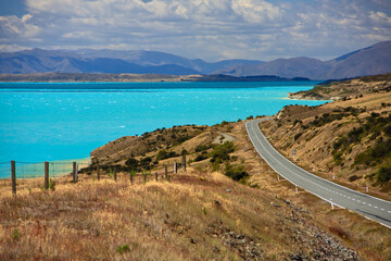Scenic road along Lake Pukaki in New Zealand