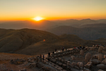 Kahta, Adiyaman, Turkey - September 14 2020: Commagene statue ruins on top of Nemrut Mountain.