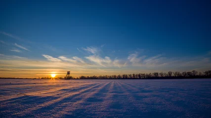 Foto auf Leinwand ein schneebedektes Feld mit einem Hochsitz mit untergehender Abendsonne © jsr548