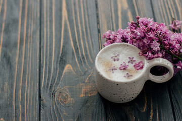 Coffee with lilac petals and blooming branch on dark wooden background with space for text