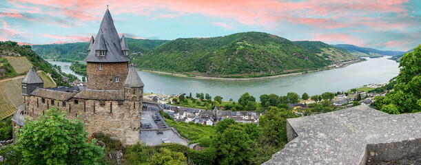 aerial view of Bacharach Town in Germany, Rhine River Valley.