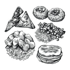 Hand drawn sketch set of Indian cuisine. Indian tortillas, Paneer Butter Masala, Butter Chicken, Pani puri, Samsa, samosa 