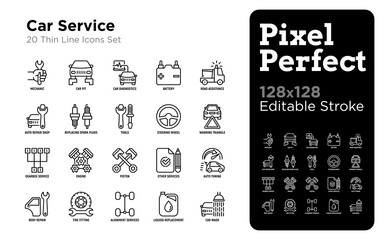 Car service thin line icons set: mechanic, car pit, computer diagnostics, road assistance, battery, body repair, tire fitting, replacing spark plugs. Pixel perfect, editable stroke Vector illustration