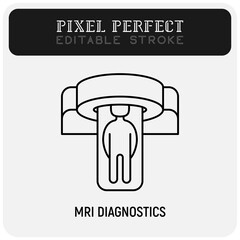 Human in MRI scanner thin line icon. Medical equipment for oncology detection. Pixel perfect, editable stroke. Vector illustration.