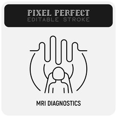 Human in MRI scanner thin line icon. Medical equipment for oncology detection. Pixel perfect, editable stroke. Vector illustration.