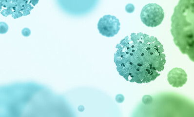 Coronavirus, Covid-19, 3D illustration. Blue cell white background. Microscopic view of floating virus cells. Influenza, 2019-ncov flu. Concept of a pandemic, viral infection.