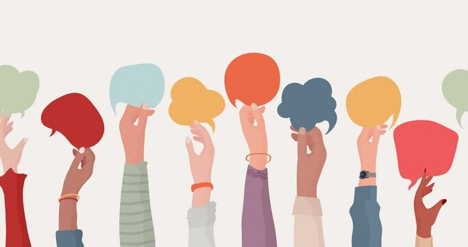 Illustrations raised hands and arms of group of multiethnic people holding speech bubble. Concept of network connection and sharing. Diversity men women boys girls.Teamwork. Cooperation