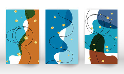 Abstract cover template. Set of geometric shapes and lines. Watercolor painting texture brochure design. Minimalist hand painted shapes and gold particles.