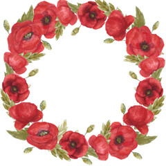 Hand drawn watercolor wreath of red poppies. Floral round frame for postcards, invitations, decor, scrapbooking