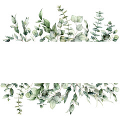 Watercolor floral border of eucalyptus branches, seeds and leaves. Hand painted frame of silver dollar plants isolated on white background. Illustration for design, print, fabric or background. - 417938145