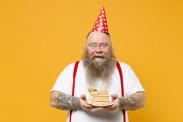 Fat pudge obese chubby overweight tattooed bearded excited happy joyful man 30s has big belly in...