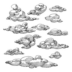 set of clouds in the sky, ornament elements, weather phenomenon, vector illustration with black ink lines isolated on a white background in a doodle and hand drawn style