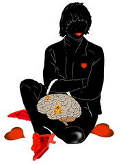 donna con borsetta cervello e scarpe rosse