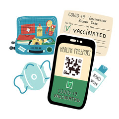 Packing to travel 2021 set.Clothes, documents, hand sanitizer and medical face mask, Health pass app or Vaccination card
