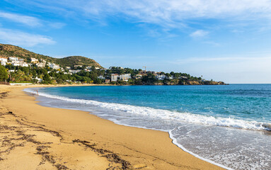 Panorama over the beautiful beach l'Almadrava in the gulf of Rosas, Mediterranean sea, Costa Brava, Catalonia, Spain