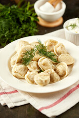 Homemade handmade dumplings, organic from farm meat with herbs and sauce, Russian national cuisine