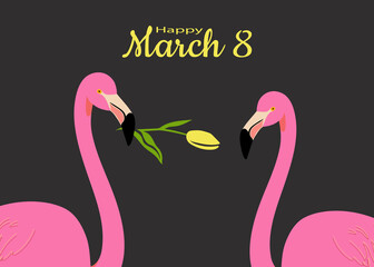 Congratulatory spring card from March 8. Postcard template with pink flamingos with a yellow tulip on a gray background. 
