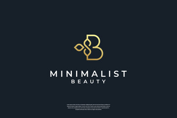 Obraz premium Minimalist golden initial B and leaf logo design with infinity symbol