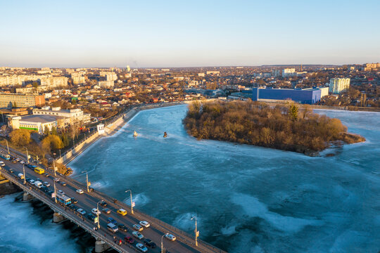 The Vinnitsa city in Ukraine at the winter aerial view.