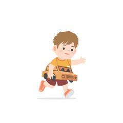 A imaginative boy be happy with playing car cardboard box on white background, illustration vector. Kids concept