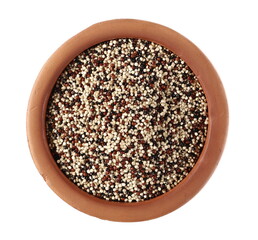 Tri-color quinoa seeds blend in clay pot isolated on white background, top view