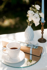 cappuccino on the background of painted tablecloths