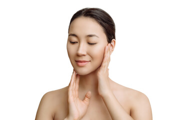 young beautiful Asian woman with nice perfect skin on white isolated background. the concept of skin care