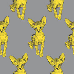Sphinx cat seamless pattern sketch graphics on grey background. Prints for clothes, T-shirts. Vector