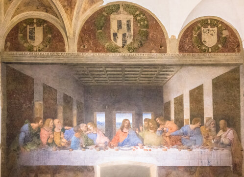 Milan, Italy - November 15, 2016: Last Supper painting. Jesus and 12 apostles. Bartholomew, young James, Andrew, Judas Iscariot, Peter, John, Thomas, James, Philip, Matthew, Thaddaeus, Simon.